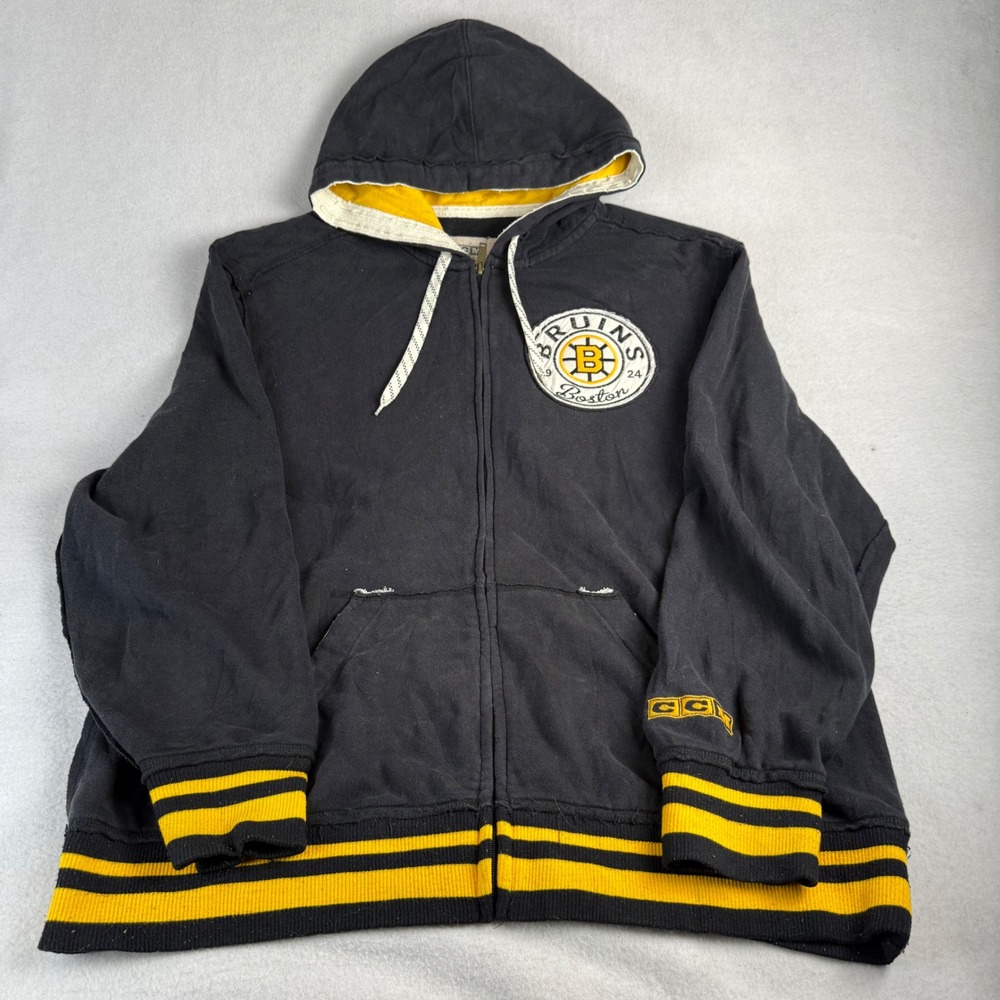 CCM NHL Boston Bruins Full Zip Hoodie Mens XL Black Yellow Striped Hockey Sweat